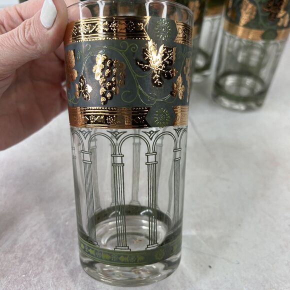 8 Cera‎ Golden Grapes Green Tall Highball Tumblers Vintage MCM Glasses - Picture 2 of 9